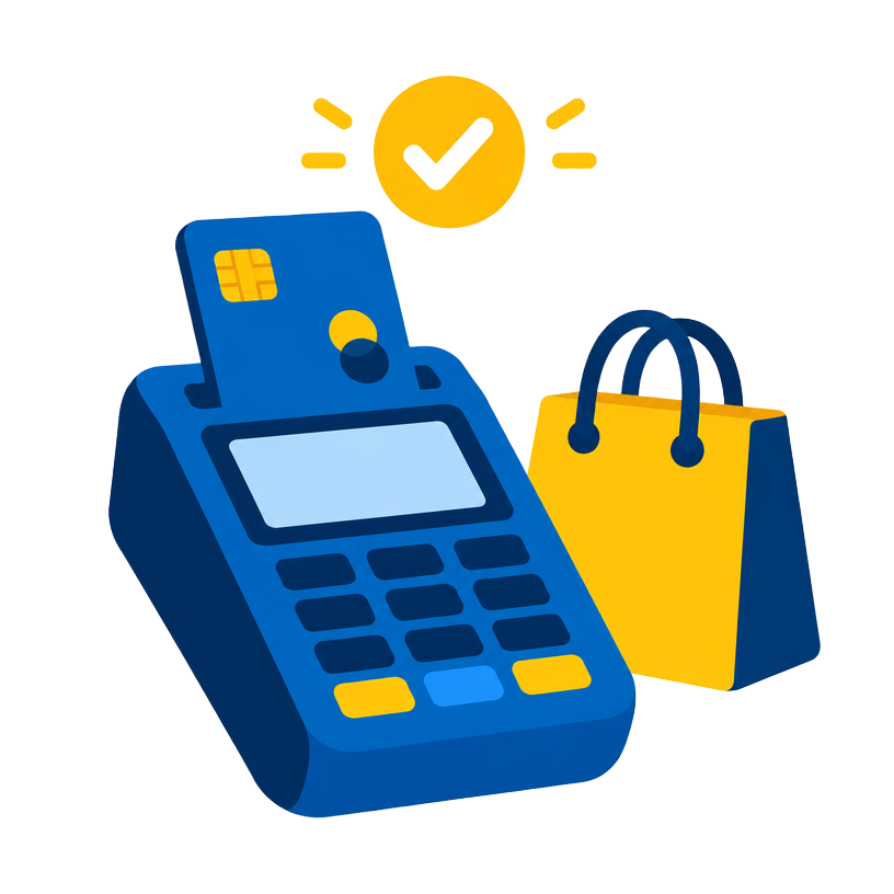 Cartão de crédito em maquininha de pagamento com selo de aprovado