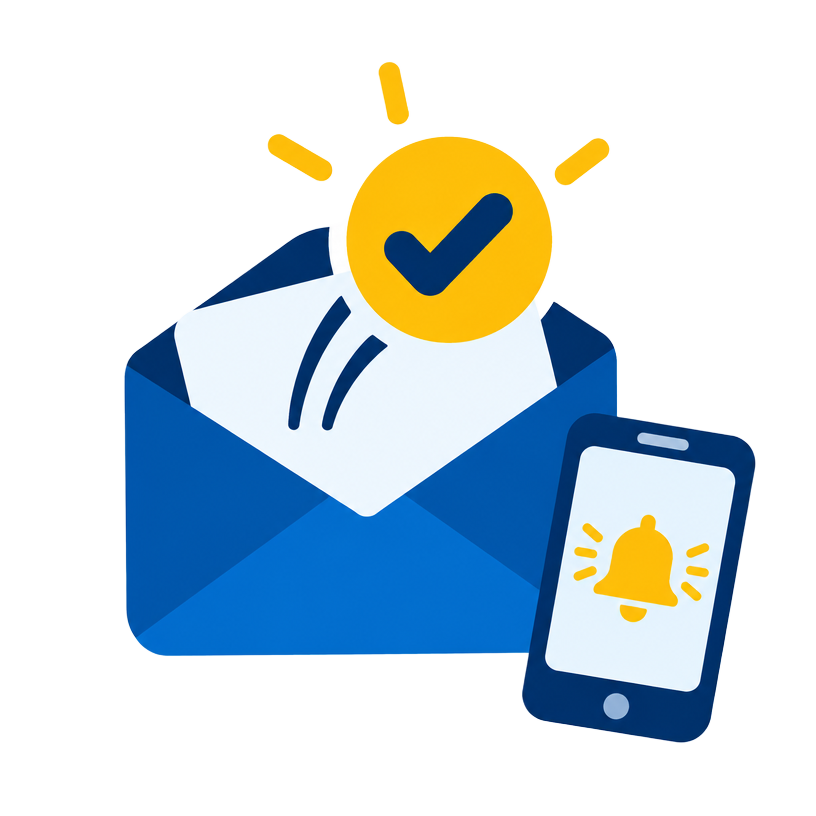 E-mail de confirmação com selo de verificado e notificação no celular