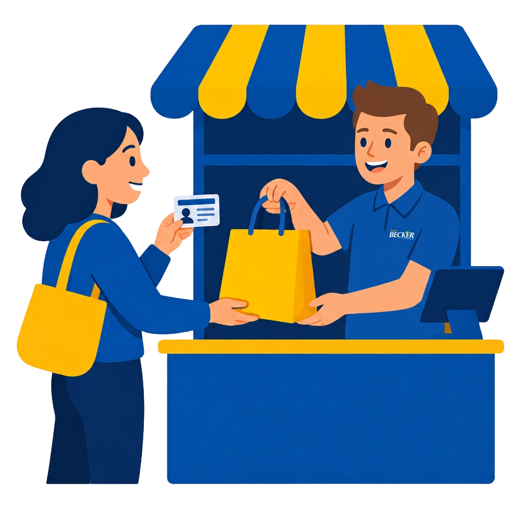Cliente apresentando documento com foto e recebendo a sacola no balcão da loja